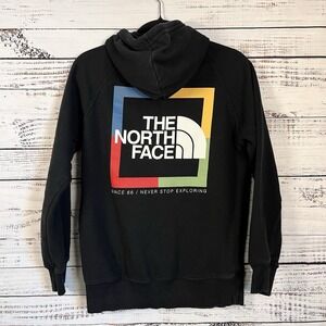 The North Face Pullover Hoodie Women's Small Black Graphic On Back Spell Out